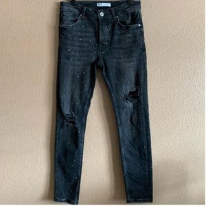 Zara Black Paint Splatter Skinny Distressed Jeans Button Fly Size 31